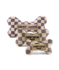 Tan Checker Chewy Vuiton Bones Squeaker Dog Toy